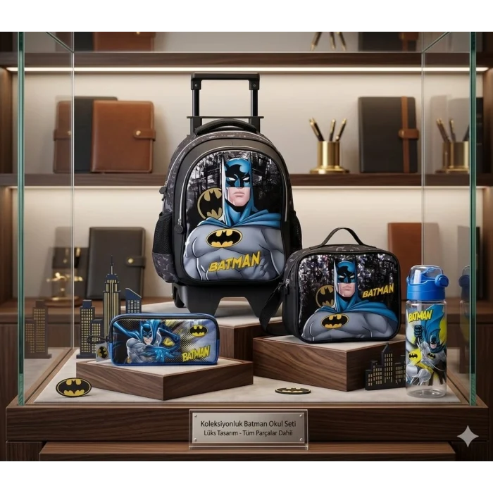 Batman Çekçekli Okul Çantası , Beslenme Çantası , Çift Gözlü Kalem Kutusu , Suluk&Matara Hediye