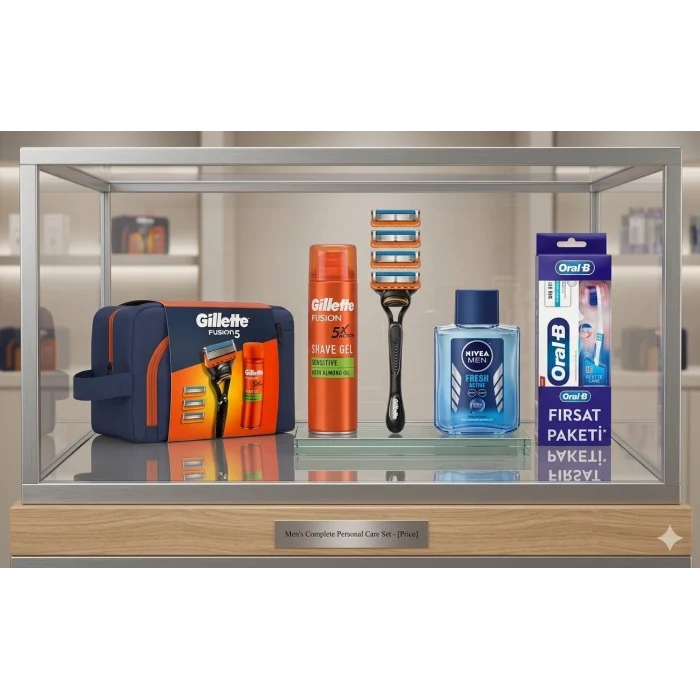 Gillette Fusion 4Up Tıraş Makinesi + Jel + Nivea Deodorant + Diş Macunu + Diş Fırçası + Çanta