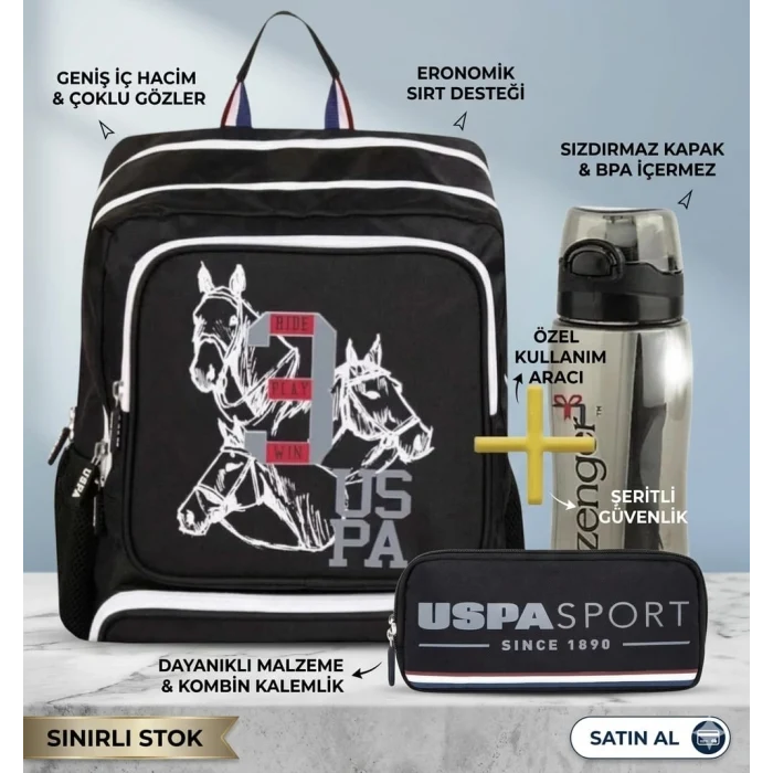 U.s. Polo Siyah -Beyaz Taraftar Okul Sırt Çantası , Kalem Çantası - Lisanslı Suluk Matara Hediye