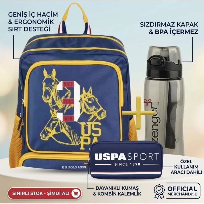 U.s. Polo Sarı - Lacivert Taraftar Okul Sırt Çantası , Kalem Çantası - Lisanslı Suluk Matara Hediye