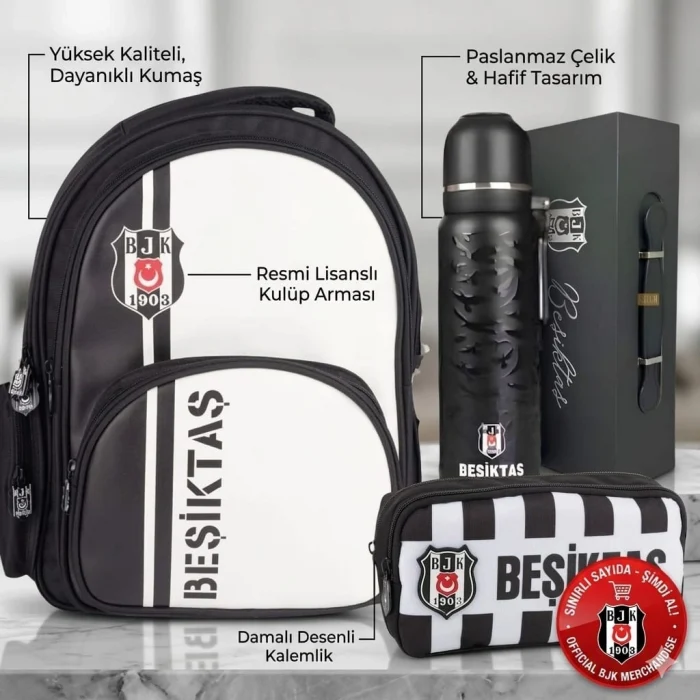 Beşiktaş Okul ve Günlük Sırt Sırt Çantası - Lisanslı Premium Kutulu Termos Matara