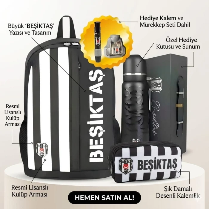 Beşiktaş Okul Sırt Çantası , Beşiktaş Lisanslı Premium Termos Matara Hediye - www.clksports.com
