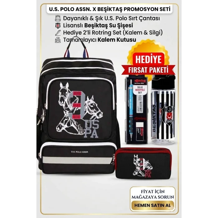 U.s. Polo Siyah -Beyaz Taraftar Okul Sırt Çantası , Kalem Çantası - Lisanslı Suluk Matara Hediye