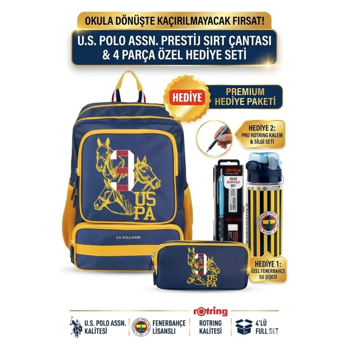 U.s. Polo Sarı - Lacivert Taraftar Okul Sırt Çantası , Kalem Çantası - Lisanslı Suluk Matara Hediye