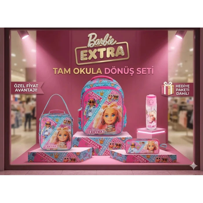 Barbie Lisanslı Okul Çantası - Beslenme Çantası - Kalem Kutusu Set - Suluk&Matara Hediye