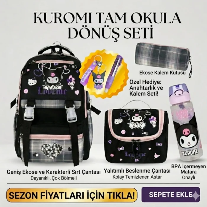 MASTER PACK Okul Çantası , Beslenme Çantası , Kalemlik , Kuromi Anahtarlık , Kuromi Silgi , Matara Hediye