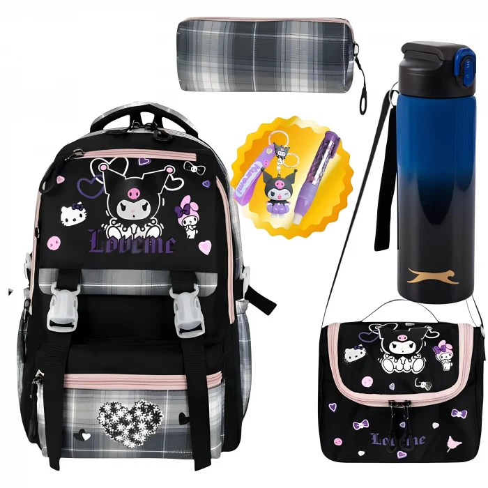 MASTER PACK Okul Çantası , Beslenme Çantası , Kalemlik , Kuromi Anahtarlık , Kuromi Silgi , Matara Hediye