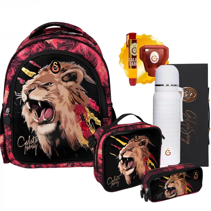 Galatasaray Kükreyen Arslan Okul Çantası, Çift Gözlü Kalem Çantası, Özel Kutusunda Termos Matara Set