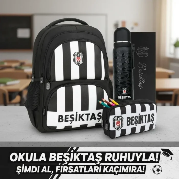 Beşiktaş Lisanslı Okul Çantası , Kalem Çantası - Özel Kutusunda Termos Matara Premium Set