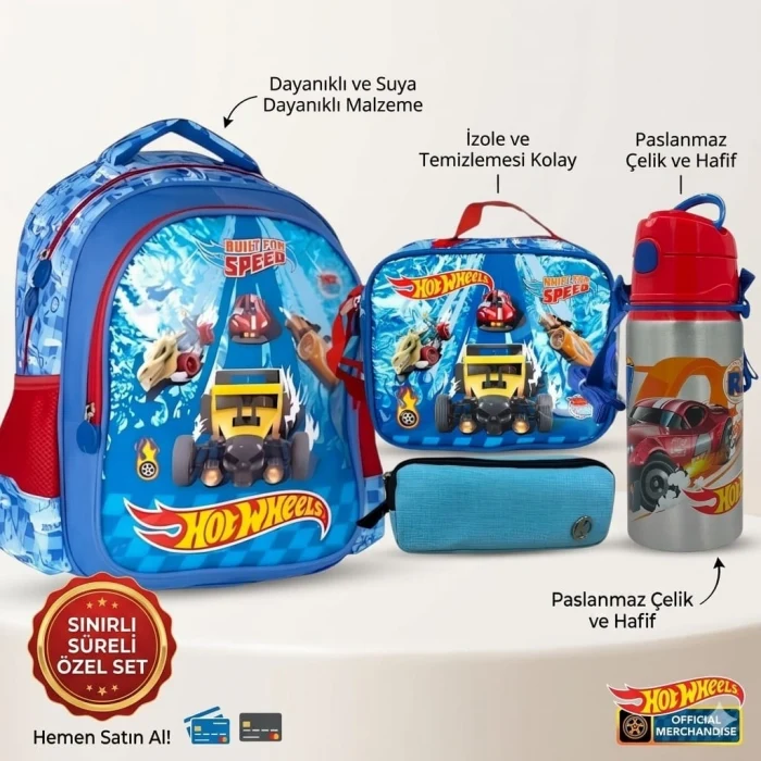 HOT WHEELS Lisanslı Ilköğretim Okul Çantası , Beslenme Çantası , Çift Gözlü Kalemlik - Alüminyum Matara Hediye