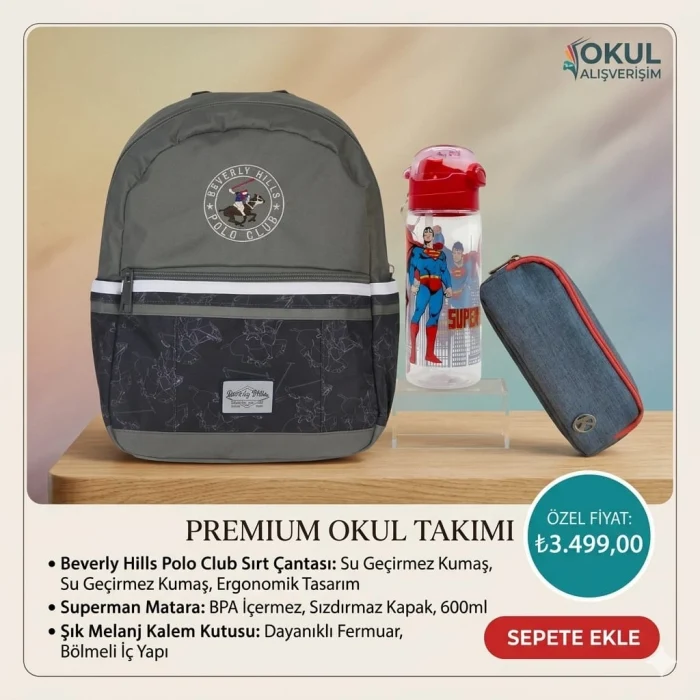 Lisanslı Anaokulu Çantası , Çift Gözlü Kalemlik - Lisanslı Suluk Matara Hediye