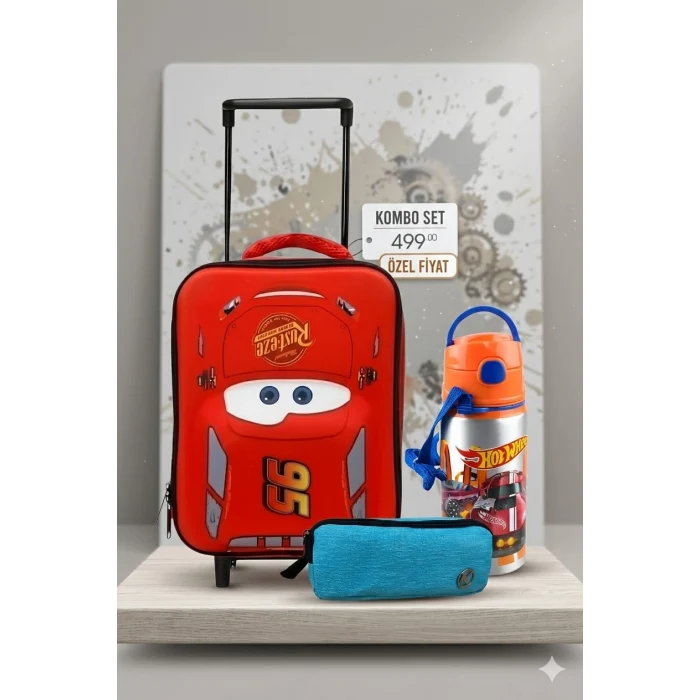 Cars Çekçekli Anaokulu Çantası , Çift Gözlü Kalem Çantası - 500 Ml Suluk Matara Hediye