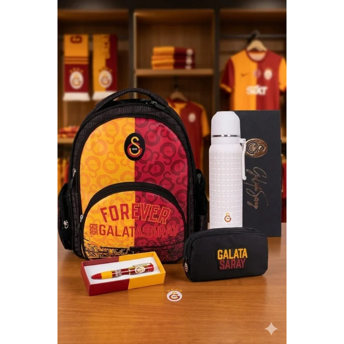 Galatasaray 3 BÖLMELİ FOREVER OKUL ÇANTASI , KALEM ÇANTASI - ÖZEL KUTUSUNDA TERMOS MATARA SET