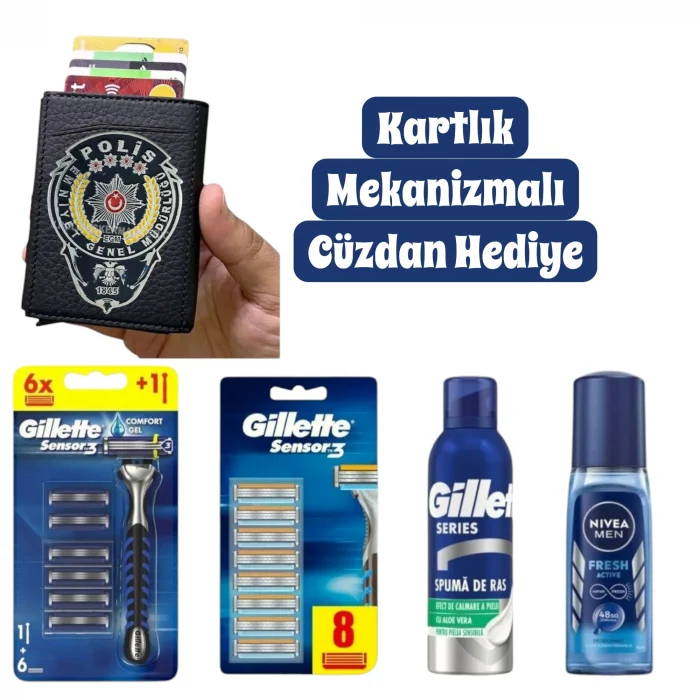 Polis Premium Gillette Sensor3 Tıraş Bıçağı 12 Parça Seti + Seyahat El Çantası
