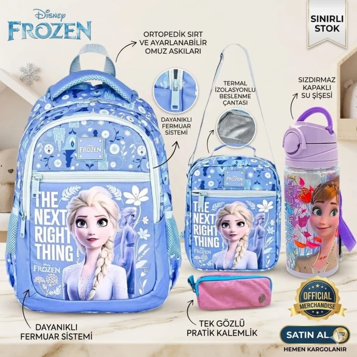 Frocx Frozen Okul Çantası , Beslenme Çantası , Çift Gözlü Kalem Çantası, Matara 500 ml Hediye