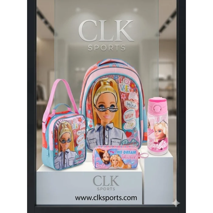 Barbie Lisanslı Okul Çantası - Beslenme Çantası - Çift Gözlü Kalem Kutusu , Suluk&Matara Hediye