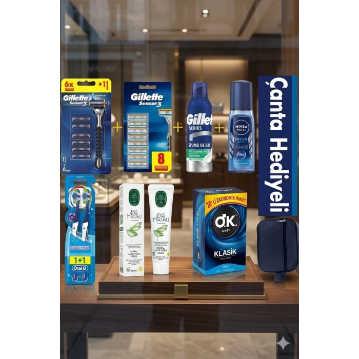 Gillette Sensor 3 , 8 Parça Damat Kişisel Bakım Bohçası + Seyahat El Çantası