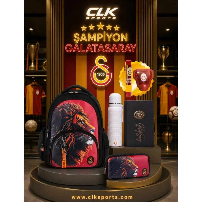 Galatasaray Aslan Baskılı Suni Deri Okul Çantası , Lisanslı Kalem Çantası - Özel Kutusunda Termos Matara Set