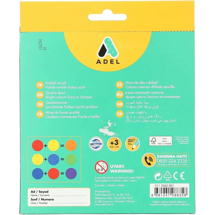 Adel Karton Kutu Boya Kalemi 24 Renk, Tam Boy