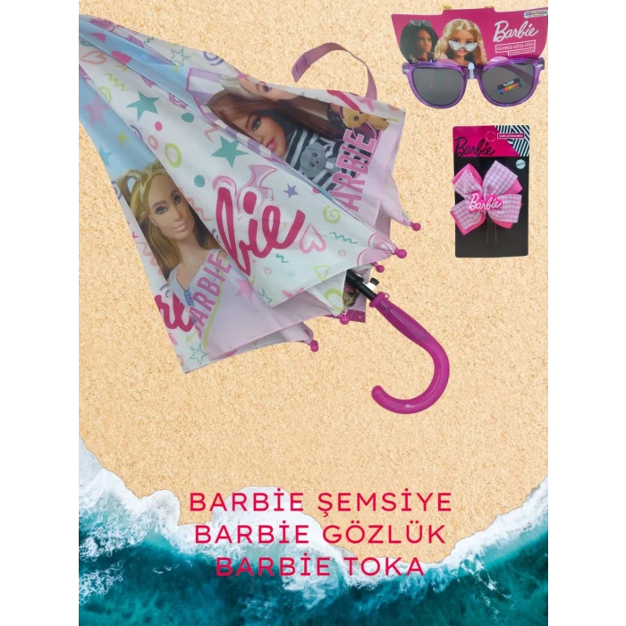 Barbie Lisanslı Çocuk Şemsiyesi + Lisanslı Gözlük - Barbie Lisanslı Toka Hediye