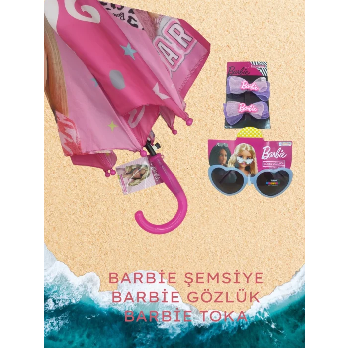 Barbie Lisanslı Çocuk Şemsiyesi + Lisanslı Gözlük - Barbie Lisanslı Toka Hediye