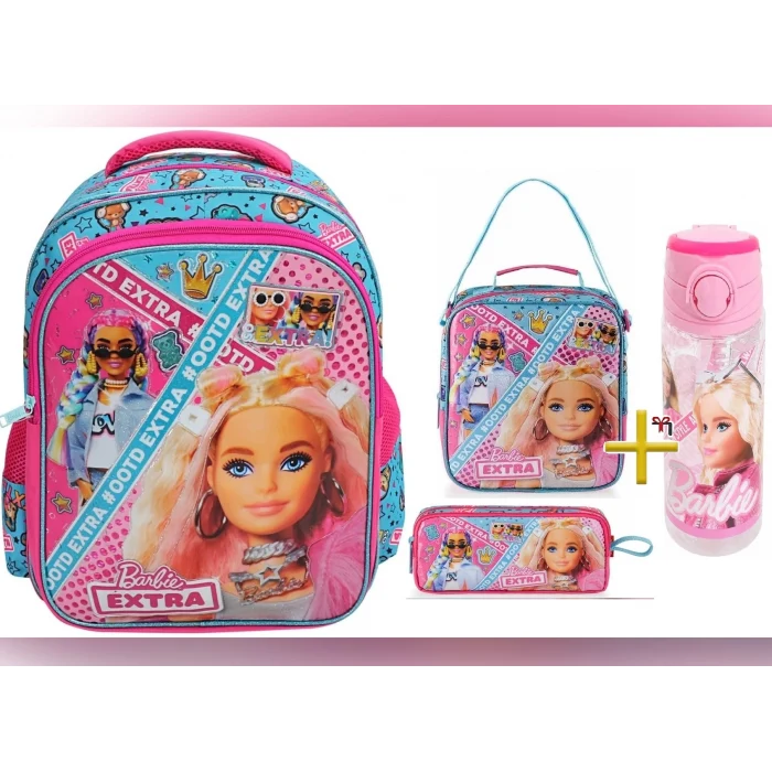 Barbie Lisanslı Okul Çantası - Beslenme Çantası - Kalem Kutusu Set - Suluk&Matara Hediye