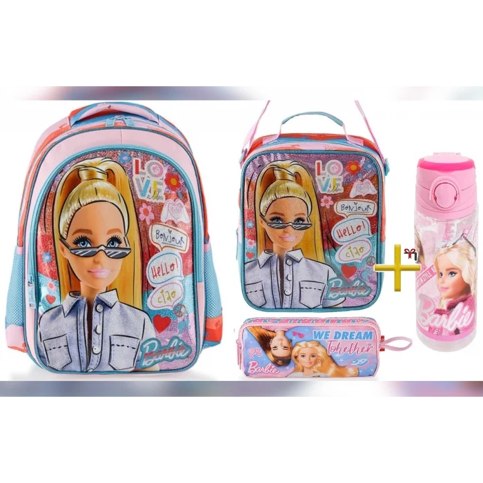 Barbie Lisanslı Okul Çantası - Beslenme Çantası - Kalem Kutusu Set - Suluk&Matara Hediye