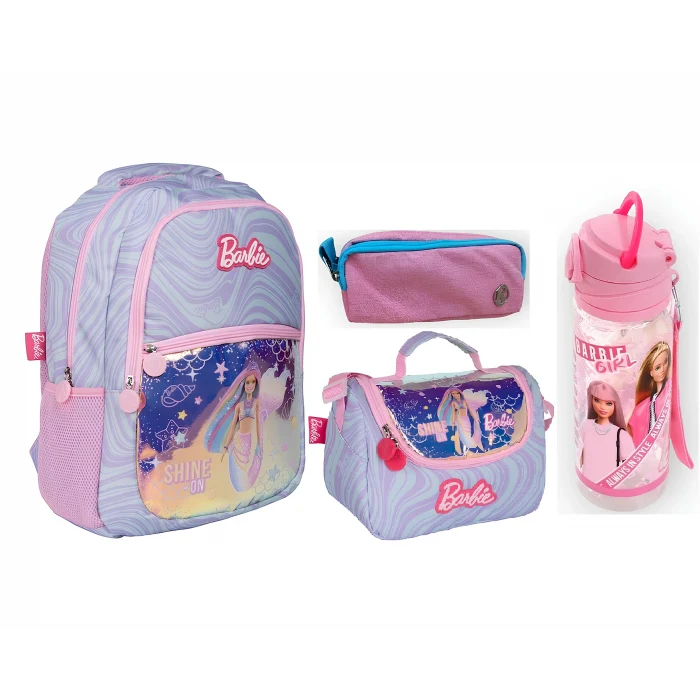 Barbie Okul Çantası - Barbie Beslenme Çantası - Çift Gözlü Kalemlik - Barbie Suluk Matara Hediye