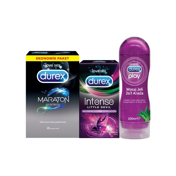 Durex Maraton Geciktiricili 20’li ve Intense Uyarıcı 20’li Prezervatif + Aloe Vera Masaj Jeli 200ml