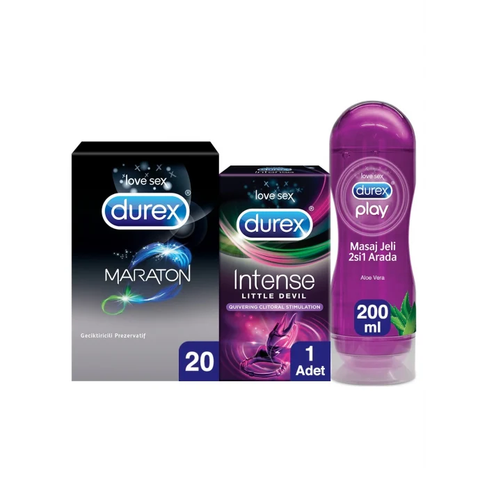 Durex Maraton Geciktiricili 20’li ve Intense Uyarıcı 20’li Prezervatif + Aloe Vera Masaj Jeli 200ml