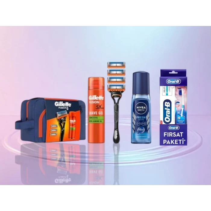 Gillette Fusion 4Up Tıraş Makinesi + Fusion Jel 200 ml + Nivea Men Deodorant 150 Ml+ Sensodyne Diş Macunu + Sensodyne Diş Fırçası +Çanta