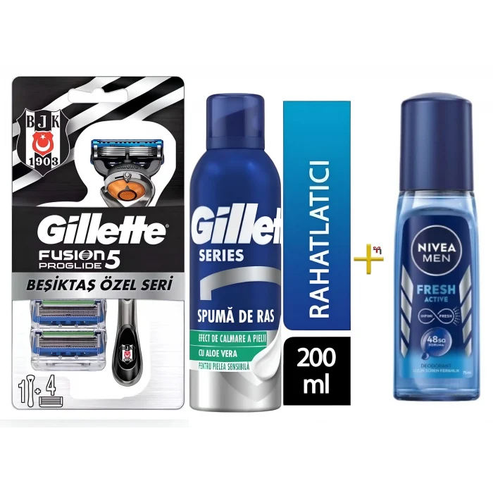 Gillette Fusion Beşiktaş Özel Seri Proglide Makine + 4Lü Yedek Bıçak + Gillette Tıraş Köpüğü + Nivea For Men Fresh Pump