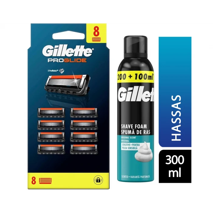 Gillette Fusion Proglide Avantajlı Yedek Tıraş Bıçağı 8 Adet + Gillette Tıraş Köpüğü 300 ml Hassas