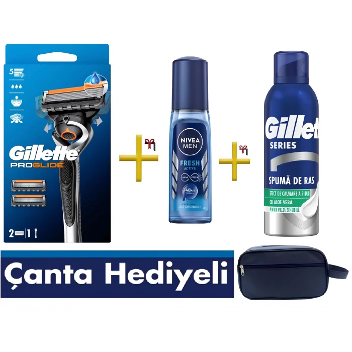 Gillette Fusion ProGlide FlexBall Tıraş Makinesi + 2 Yedek Başlığı , Nivea For Men Fresh Pump 75 ml , Gillette Series Köpük Rahatlatıcı 200 Ml , Seyahat Çantası