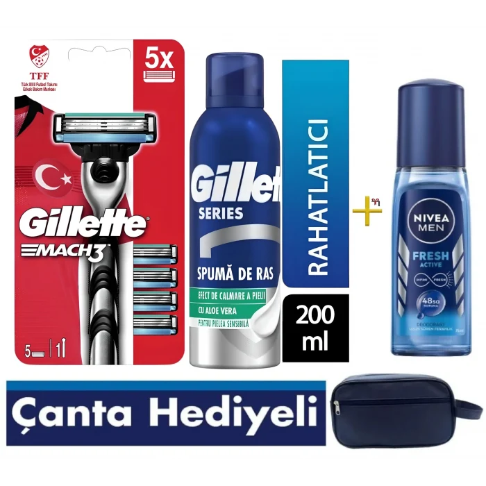 Gillette Mach 3 Tıraş Bıçağı Yedek Milli Takım Serisi + Gillette Tıraş Köpüğü + Nivea For Men Fresh Pump + Vegan Seyahat Çantası