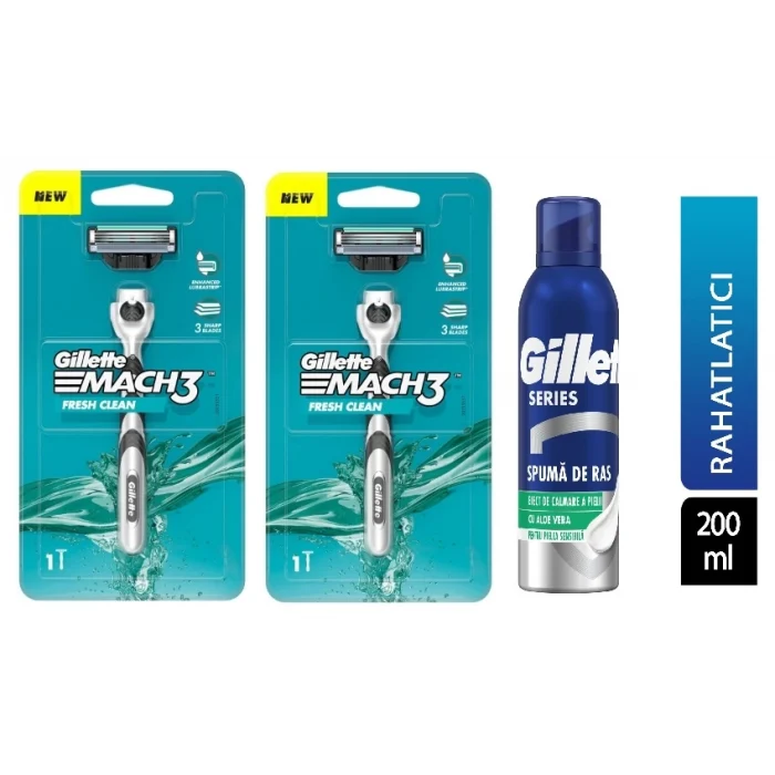 Gillette Mach3 Tıraş Makinesi 2li + Gillette Series Rahatlatıcı Tıraş Köpüğü 200 ml + Vegan Seyahat Çantası