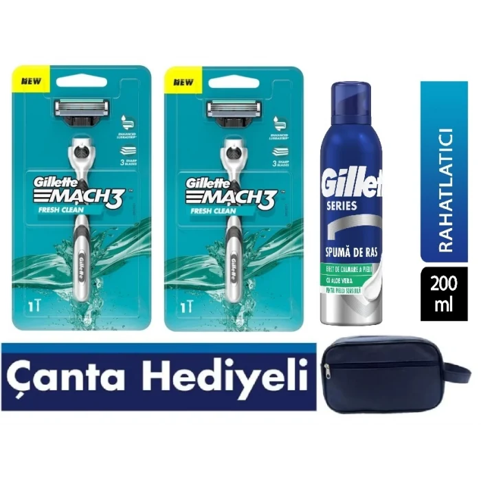 Gillette Mach3 Tıraş Makinesi 2li + Gillette Series Rahatlatıcı Tıraş Köpüğü 200 ml + Vegan Seyahat Çantası