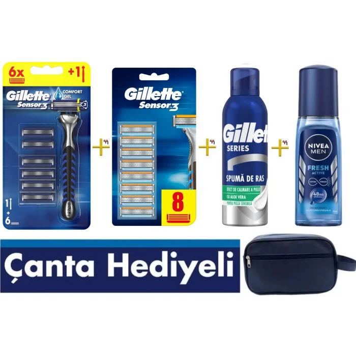 Gillette Sensor 3 Makine + 14lü Yedek Tıraş Bıçağı + Gillette Tıraş Köpüğü + Nivea For Men Fresh Pump