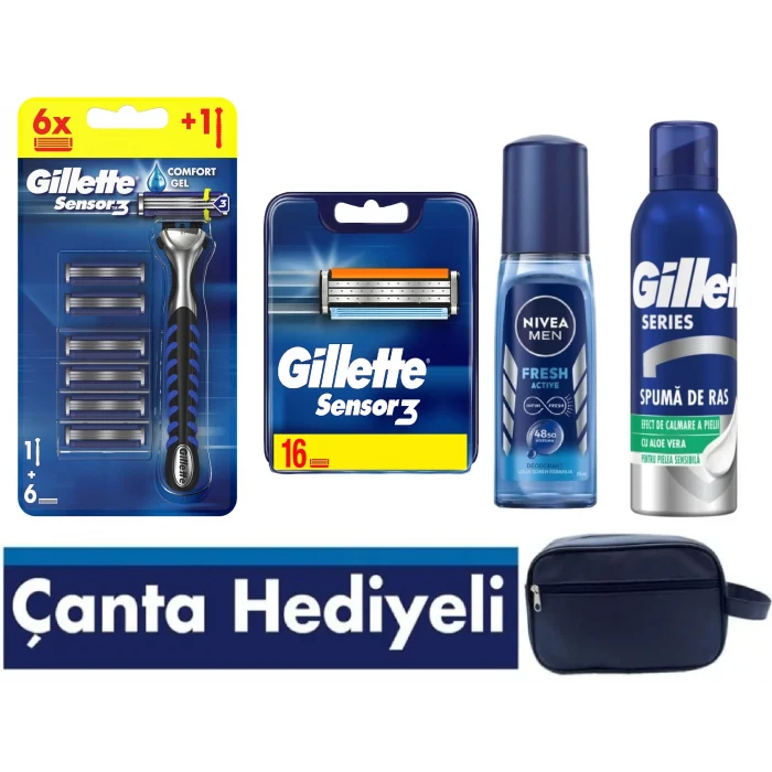 Gillette Sensor 3 Makine,18li Yedek Tıraş Bıçağı , Tıraş Köpüğü , Erkek Deodorant , Seyahat Çantası