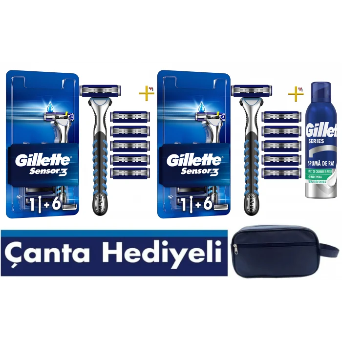 Gillette Sensor3 2 Makine+ 12 Yedek Tıraş Bıçağı+200 ML köpük Rahatlatıcı + Vegan Deri Seyahat Çantası