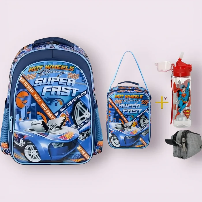 Hot Wheels Lisanslı Okul Çantası , Beslenme Çantası , Kalemlik Set - Suluk&Matara Hediye