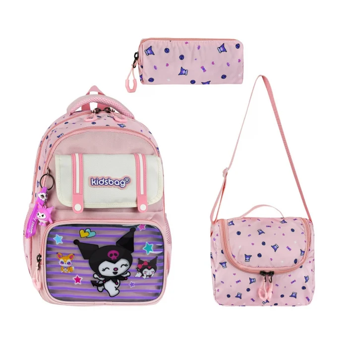 Kuromi Okul Çantası - Beslenme Çantası , Kalemlik Üçlü Set , Lisanslı Çelik 750ml Matara&Suluk Hediye