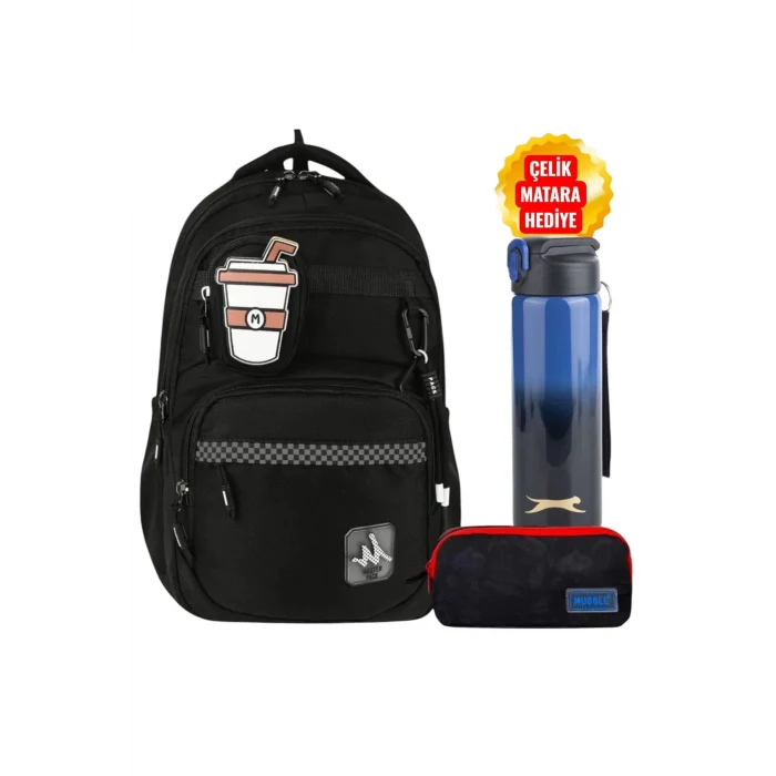 MASTER PACK Okul Çantası , Çift Gözlü Kalem Çantası , Para Cüzdanı ve Çelik Matara 700 ml Hediye