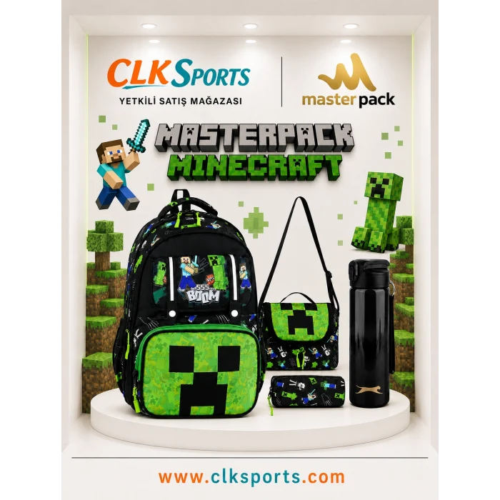 MİNECRAFT Okul Sırt Çantası , Beslenme Çantası Kalemlik Seti - Lisanslı Çelik Suluk & Matara Hediye