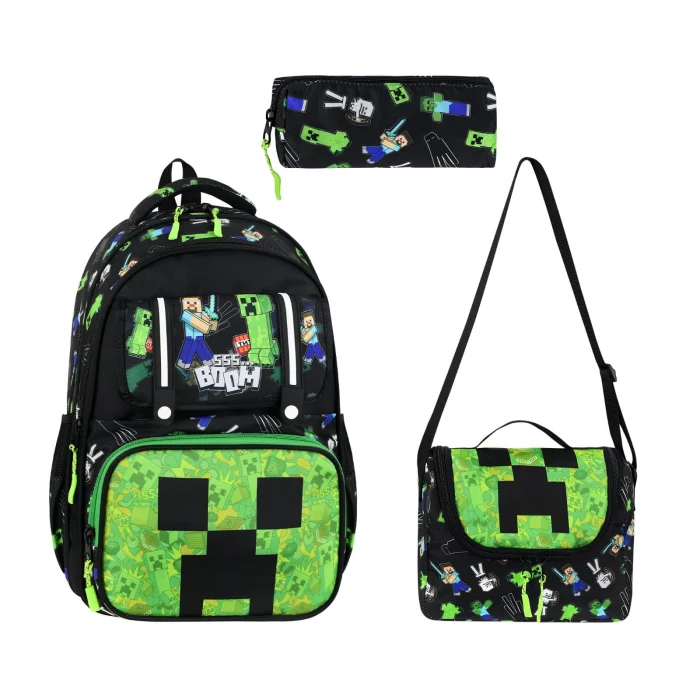 MİNECRAFT Okul Sırt Çantası , Beslenme Çantası Kalemlik Seti - Lisanslı Çelik Suluk & Matara Hediye