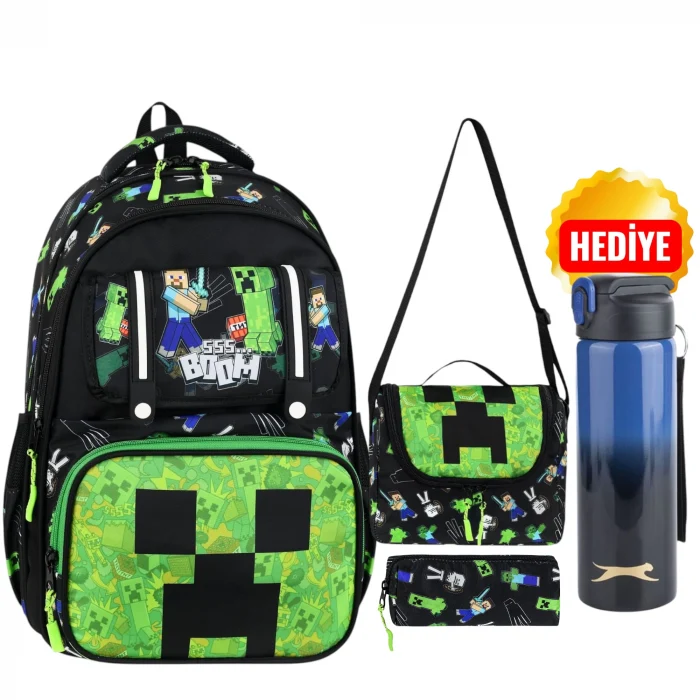 MİNECRAFT Okul Sırt Çantası , Beslenme Çantası Kalemlik Seti - Lisanslı Çelik Suluk & Matara Hediye