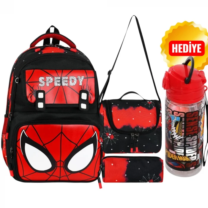 School Bag Spider Man Okul Çantası Tablet Bölmeli , Beslenme Çantası , Kalemlik Set