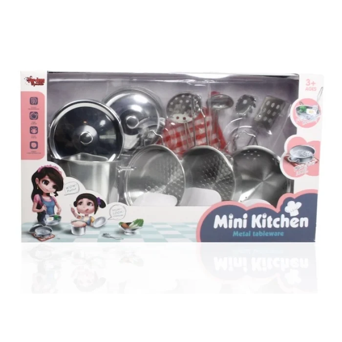 Vardem Oyuncak Mini Kitchen Metal Tableware 11 Parça Celik Tencere Tava Set