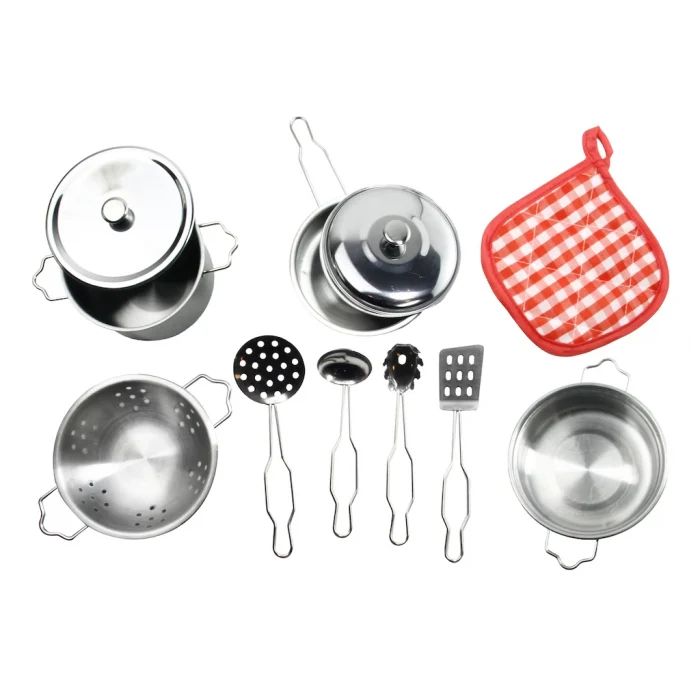 Vardem Oyuncak Mini Kitchen Metal Tableware 11 Parça Celik Tencere Tava Set