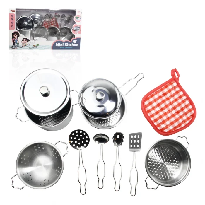 Vardem Oyuncak Mini Kitchen Metal Tableware 11 Parça Celik Tencere Tava Set